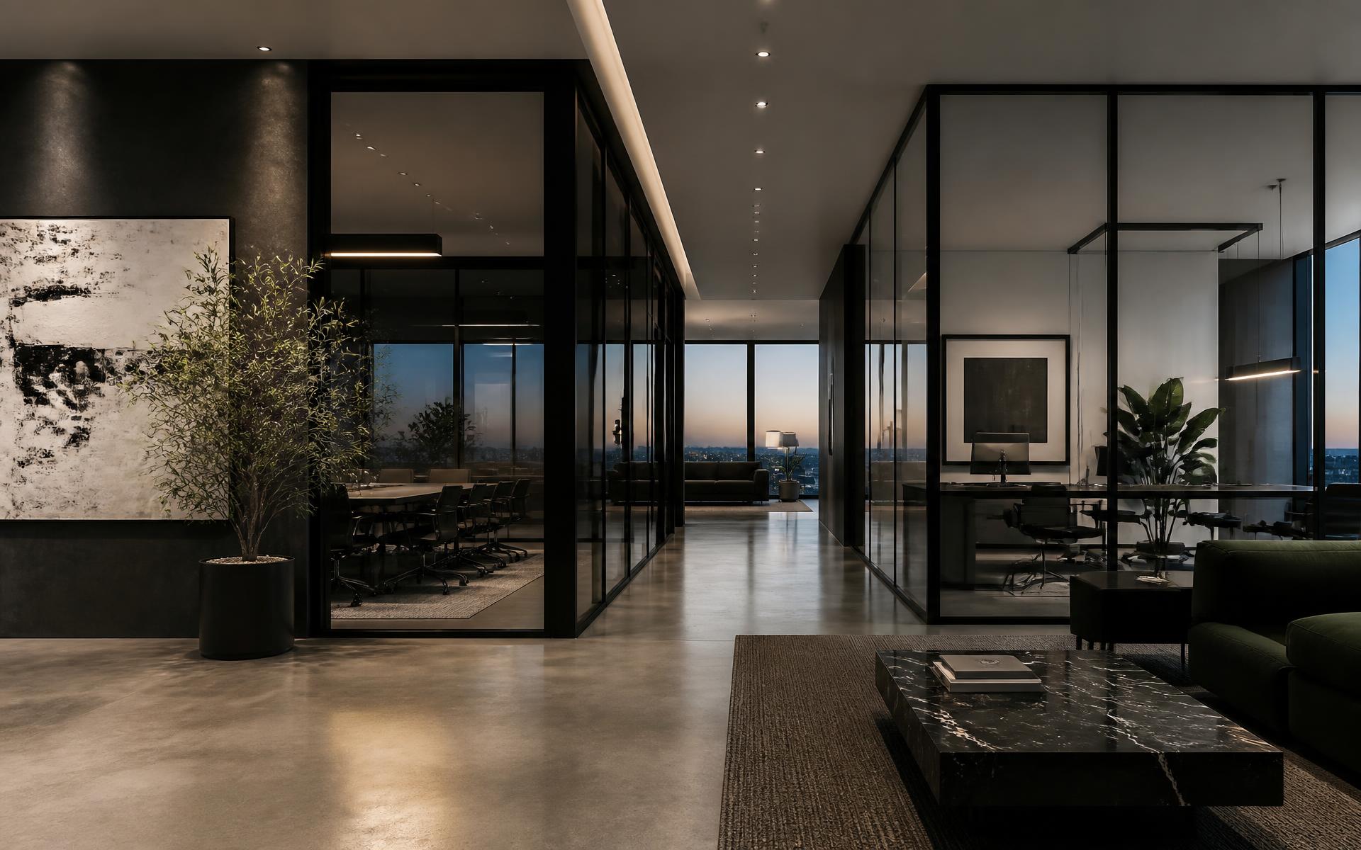 Immaculate modern commercial office interior at dusk